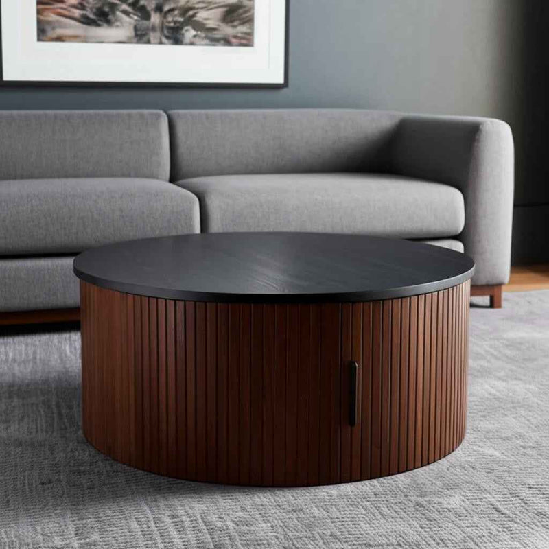 32" Black and Walnut Wood Round Drum Coffee Table