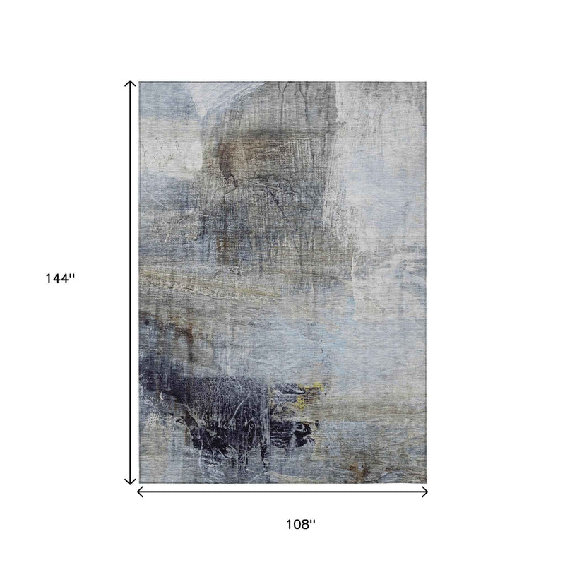 9' X 12' Sky Blue And Gray Abstract Washable Indoor Outdoor Area Rug