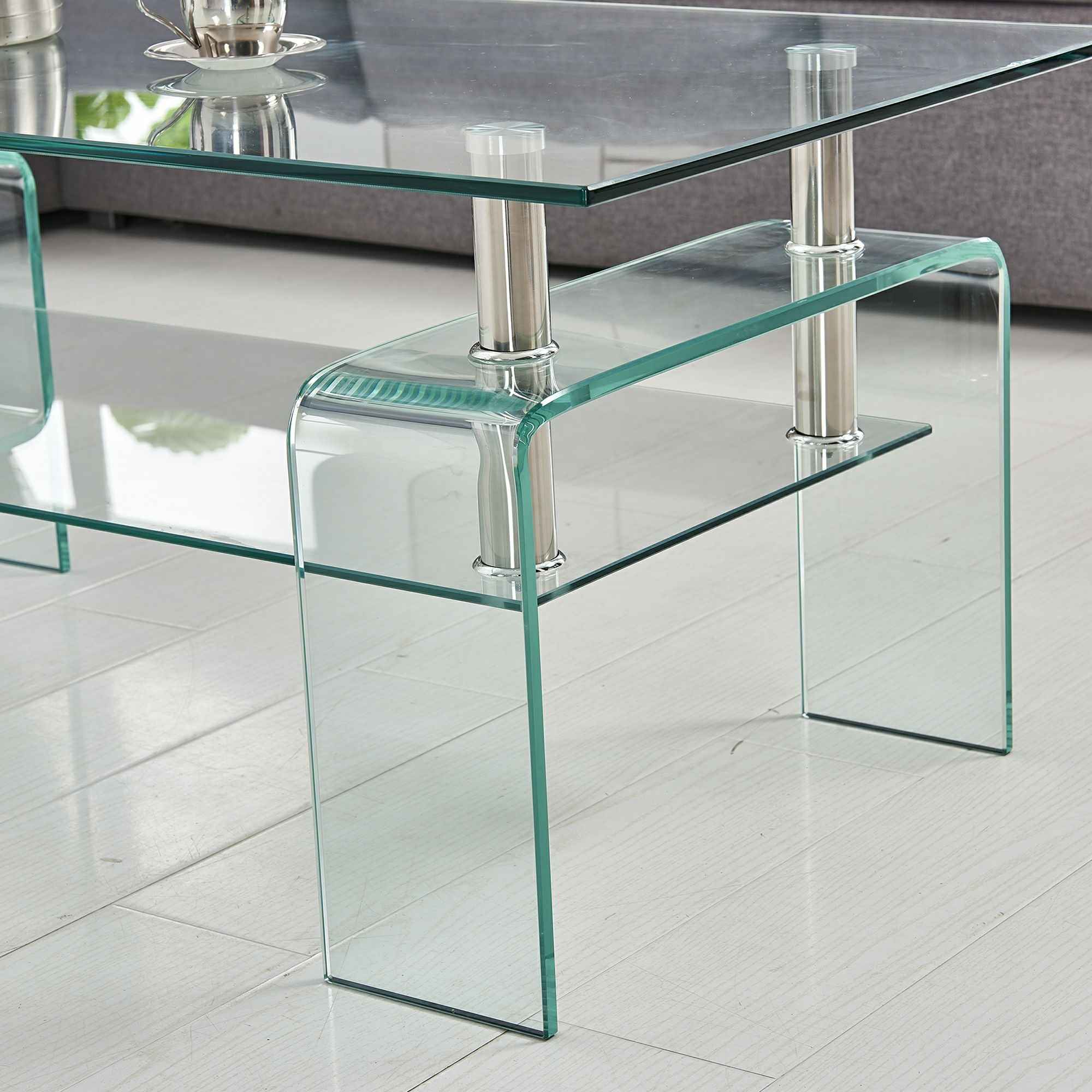39" Clear Glass Coffee Table With Shelf