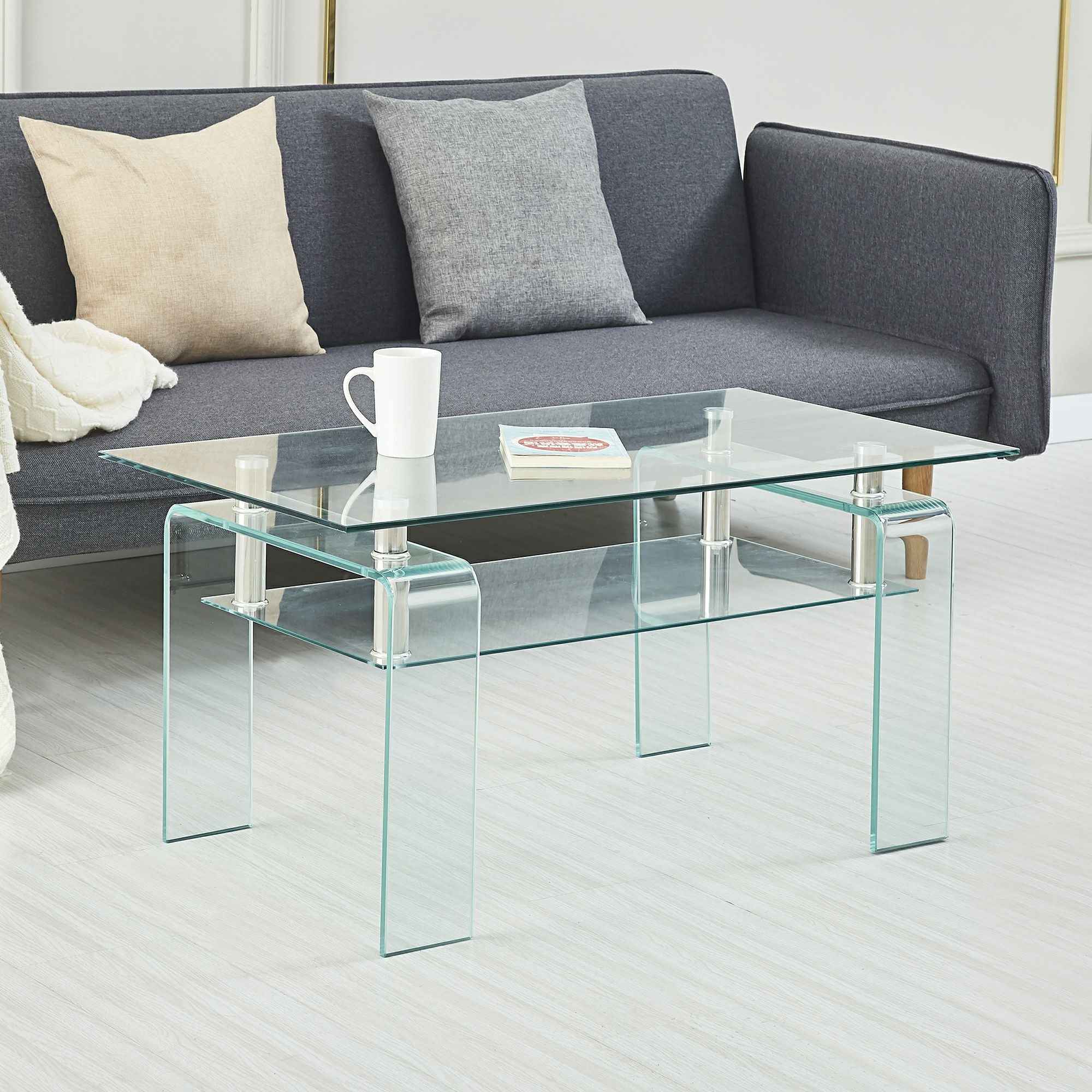 39" Clear Glass Coffee Table With Shelf