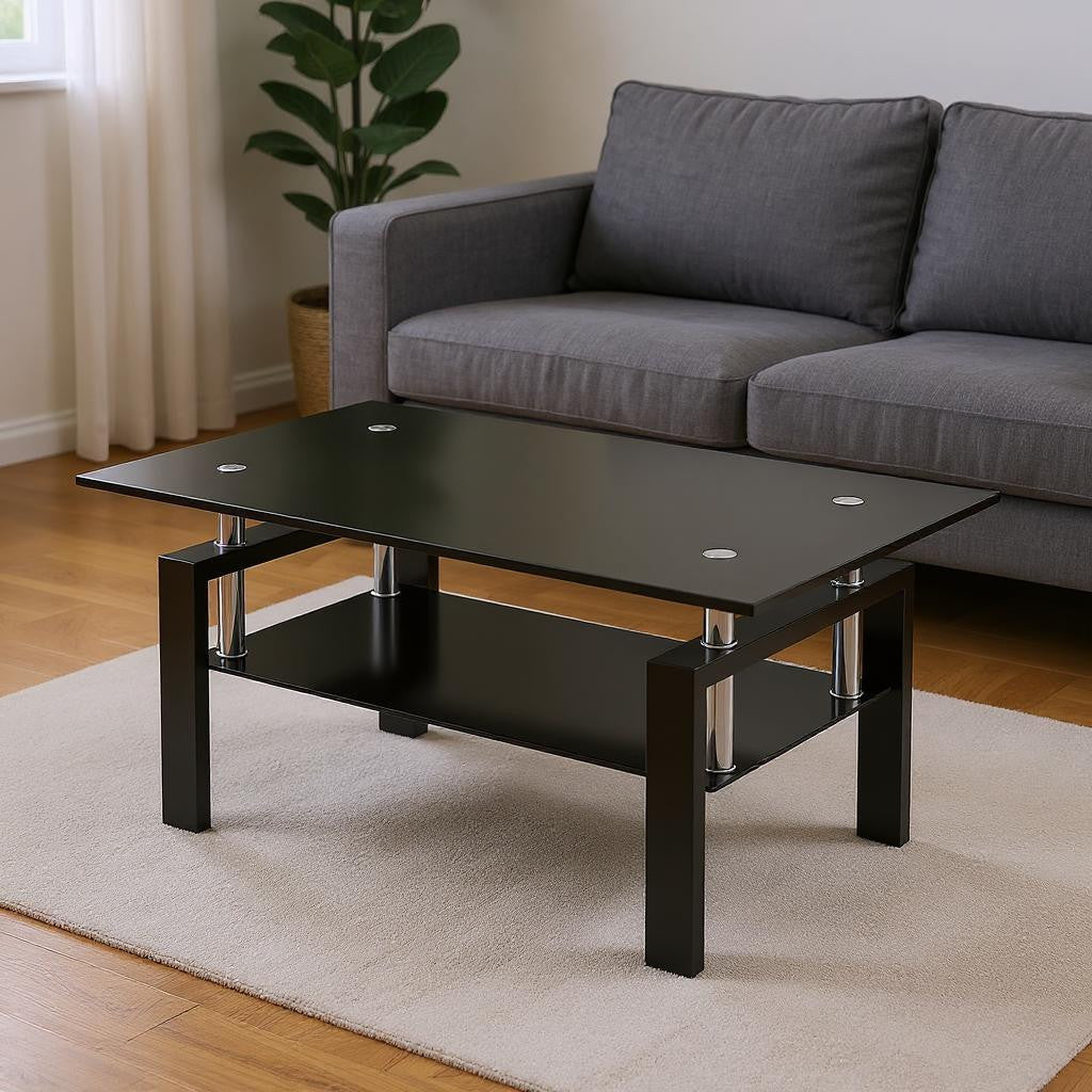 Black glass coffee table with glossy black base and chrome corner posts