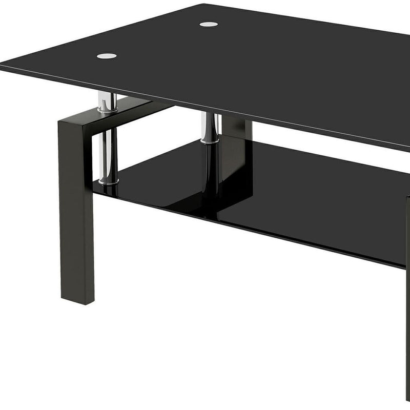 Black glass coffee table underside with chrome posts and glossy black support