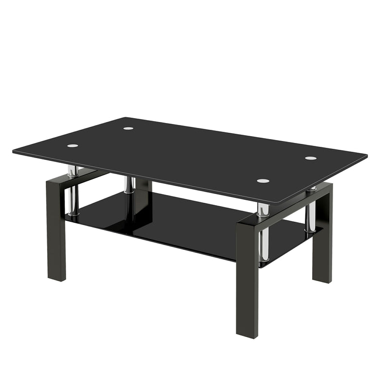 Black glass rectangular coffee table with chrome posts and angled black base