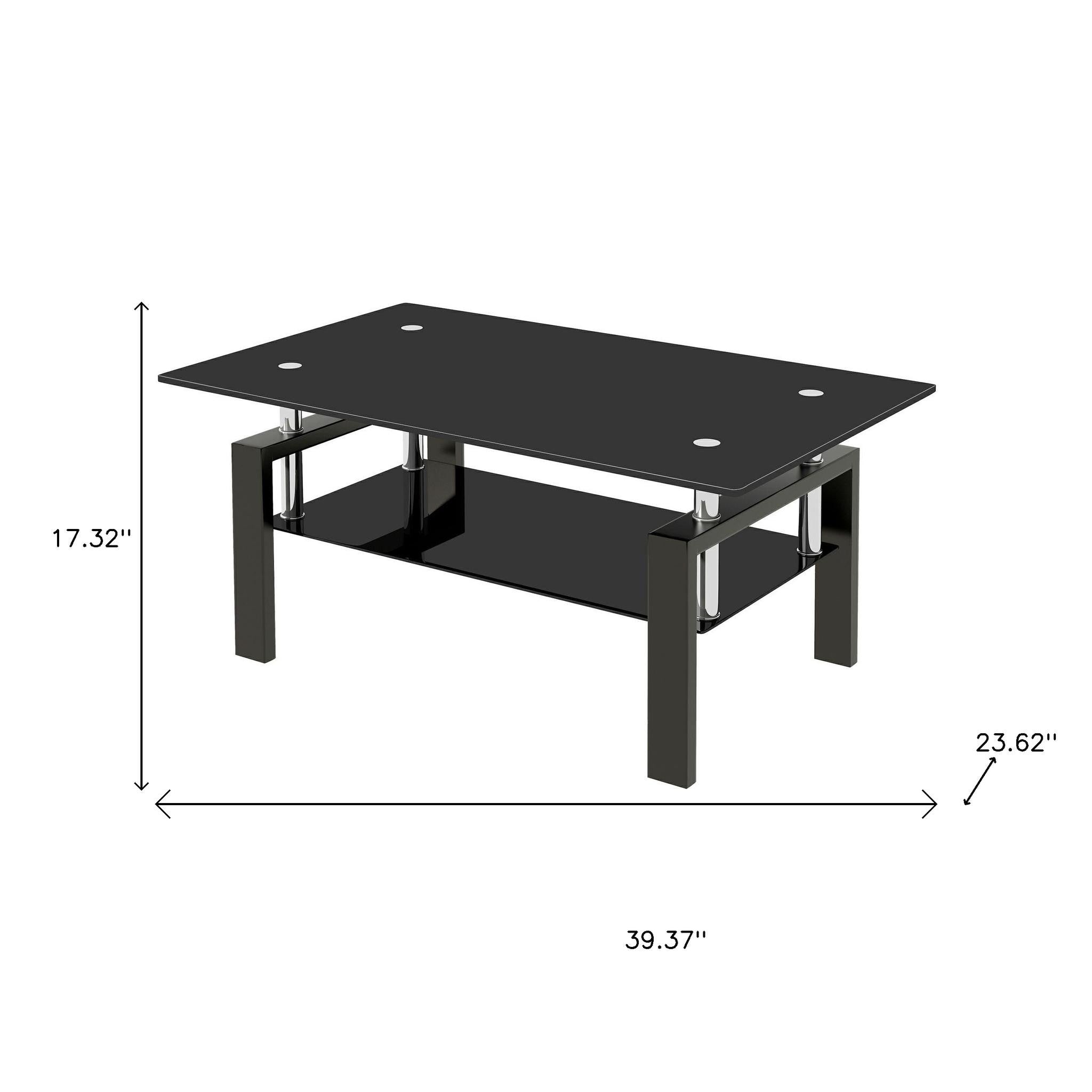 Black glass coffee table on four chrome posts and black steel frame