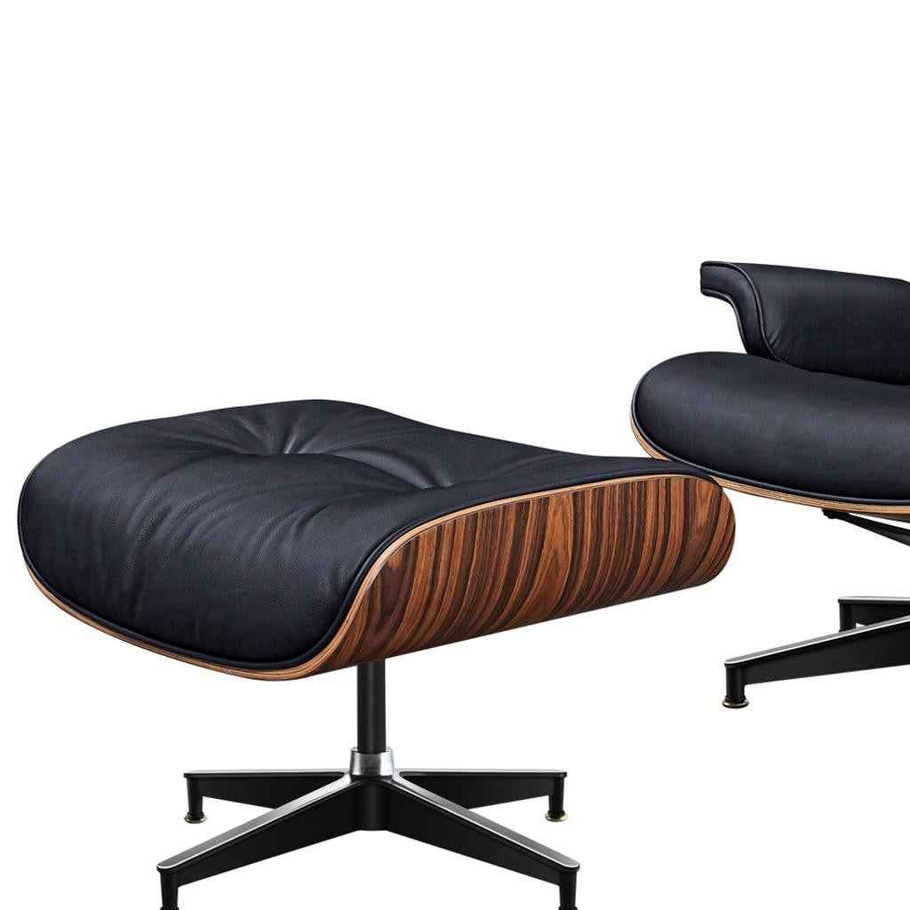 28" Black and Rosewood Tufted Genuine Leather Lounge Chair With Ottoman