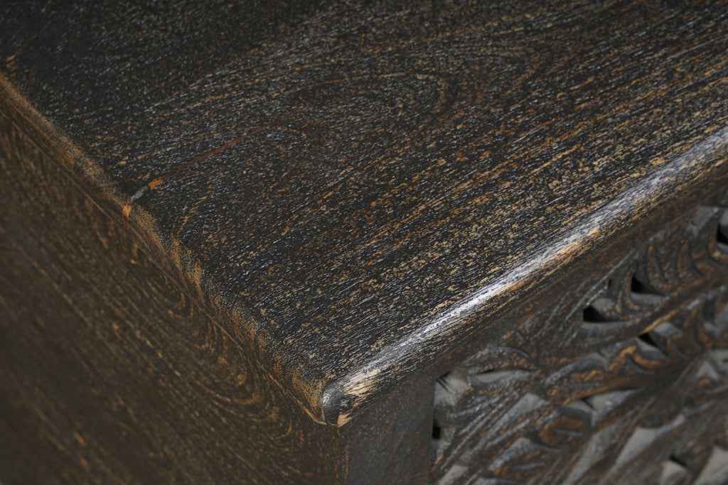 52" Black Distressed Solid Wood Carved Floral Storage Ottoman