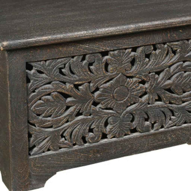 52" Black Distressed Solid Wood Carved Floral Storage Ottoman
