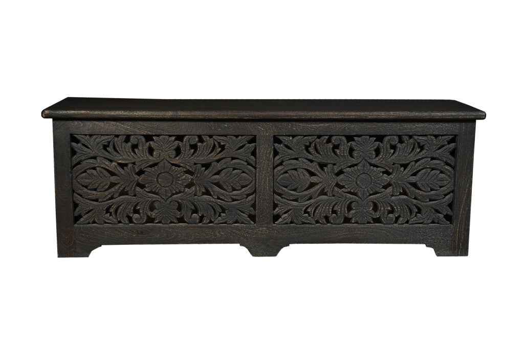 52" Black Distressed Solid Wood Carved Floral Storage Ottoman