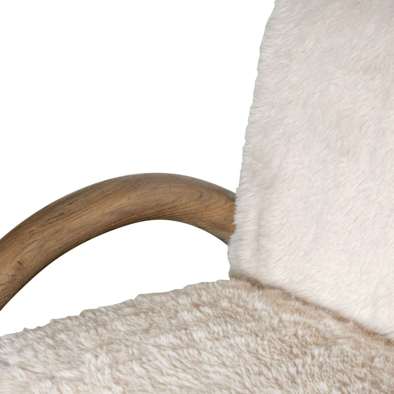 30" Off White and Natural Faux Fur And Wood Arm Chair