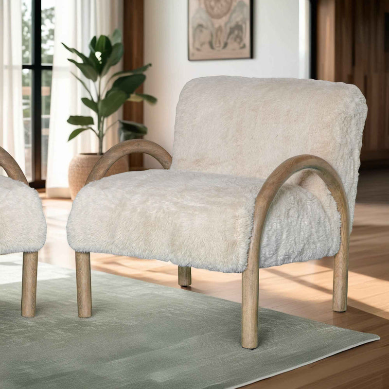 30" Off White and Natural Faux Fur And Wood Arm Chair