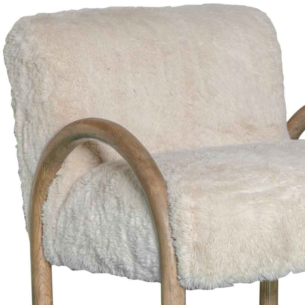 30" Off White and Natural Faux Fur And Wood Arm Chair