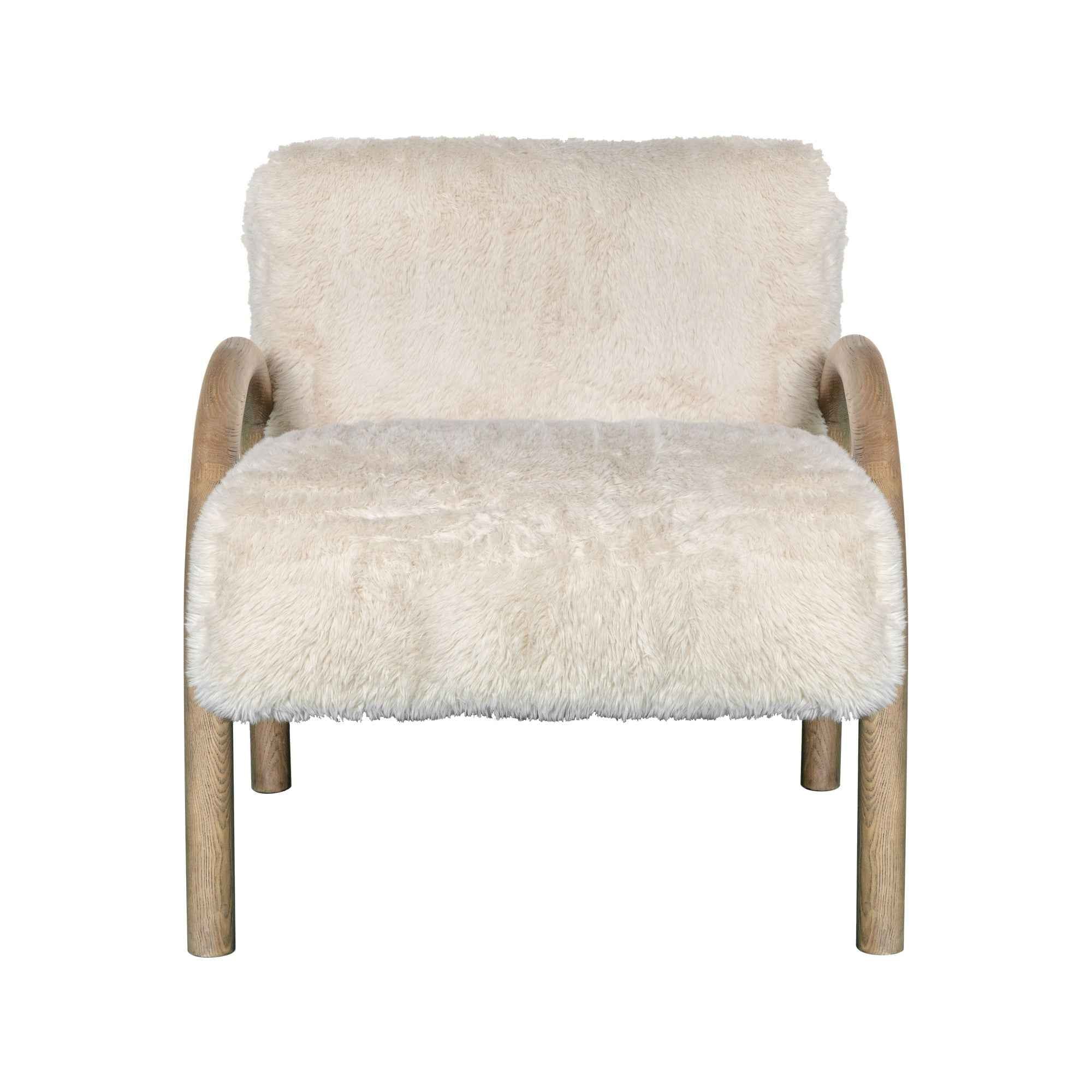 30" Off White and Natural Faux Fur And Wood Arm Chair