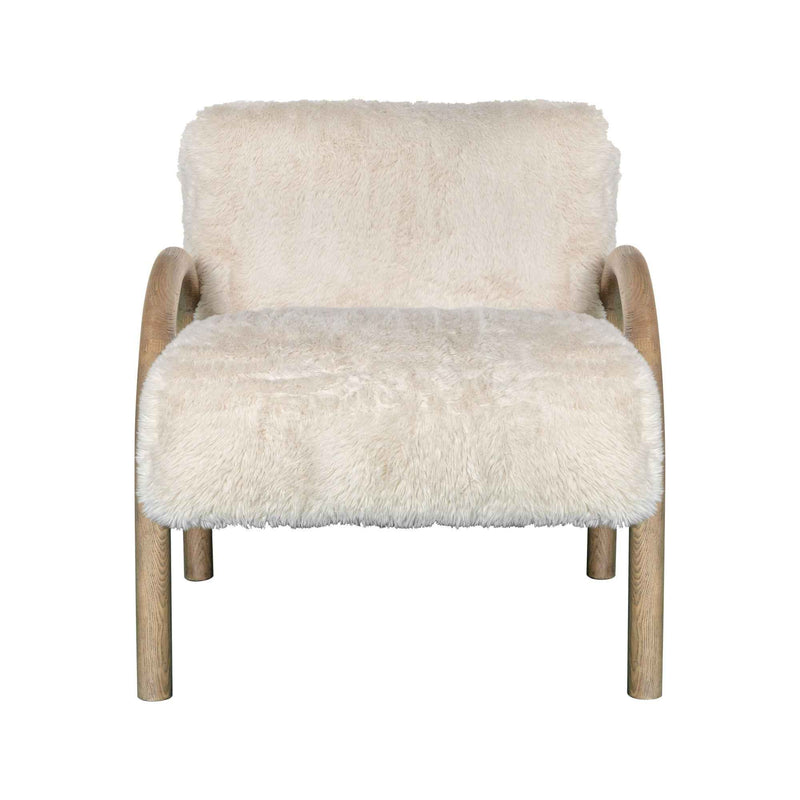 30" Off White and Natural Faux Fur And Wood Arm Chair