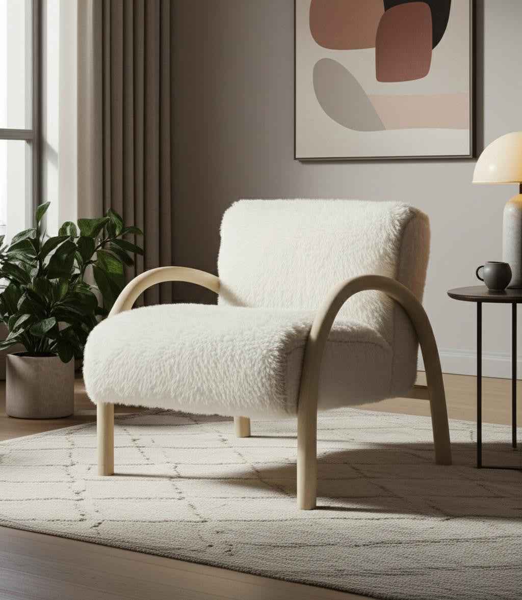 30" Off White and Natural Faux Fur And Wood Arm Chair