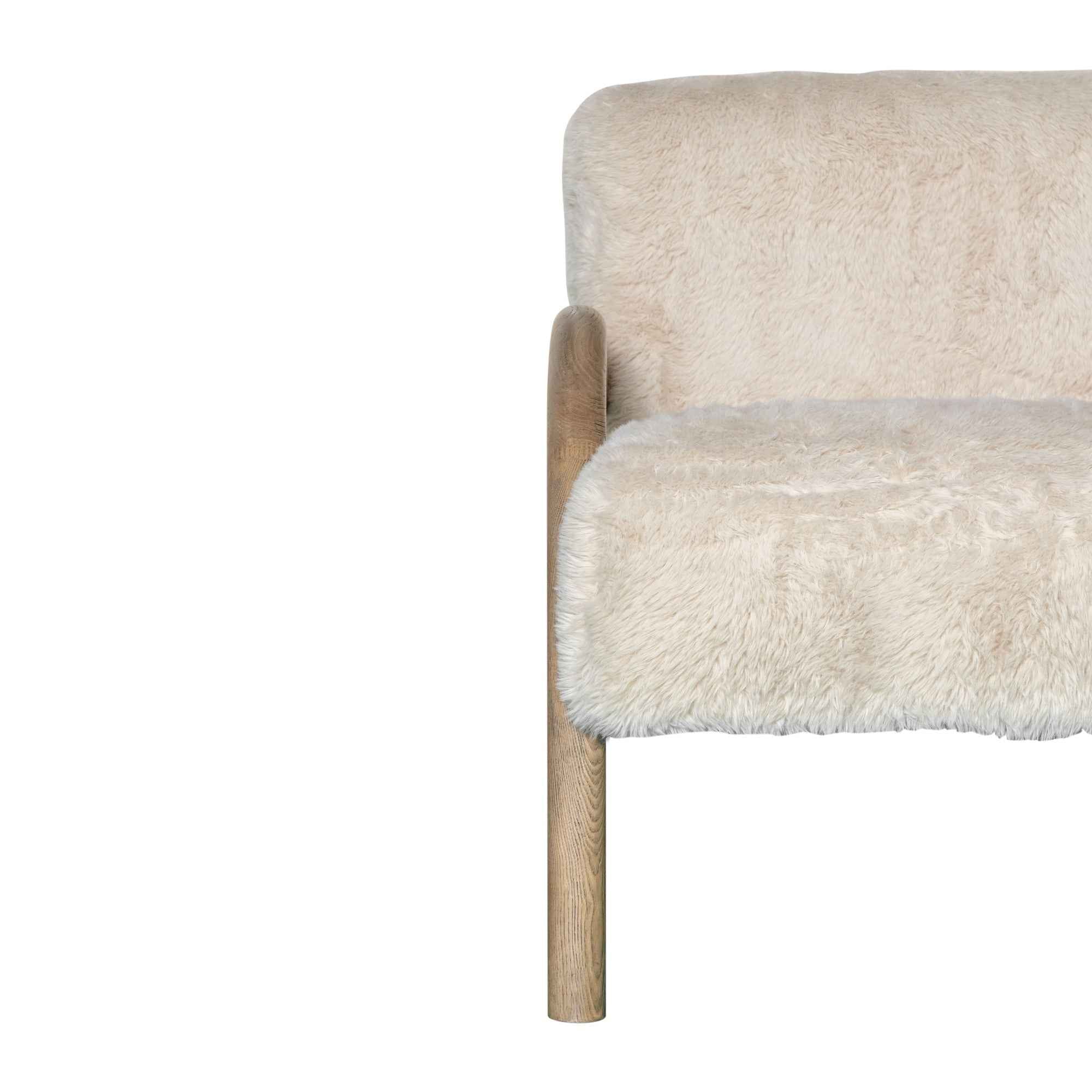30" Off White and Natural Faux Fur And Wood Arm Chair