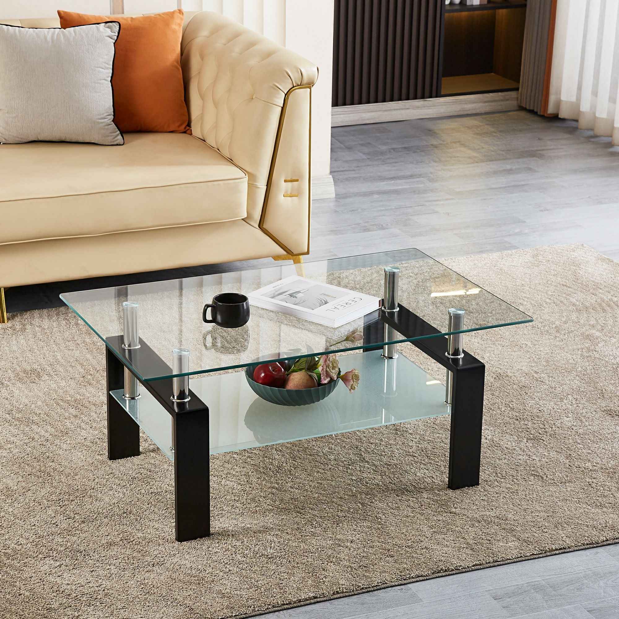 39" Clear and Black Glass and Steel Coffee Table With Shelf