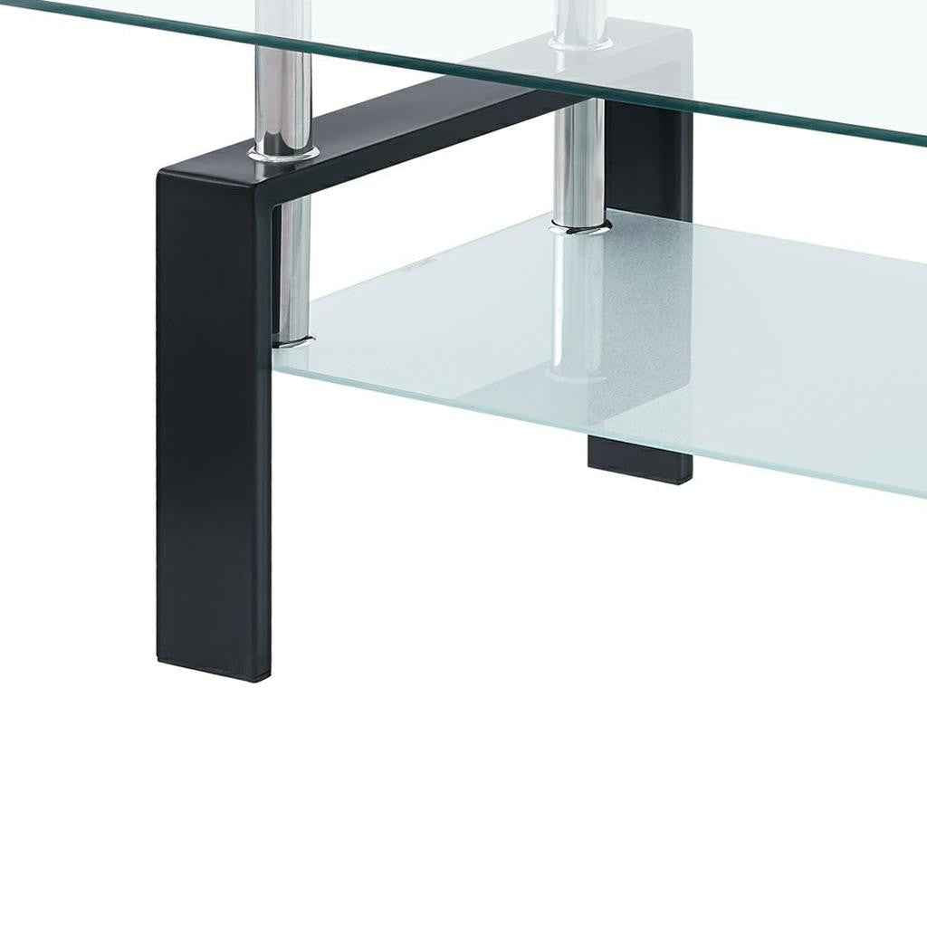 39" Clear and Black Glass and Steel Coffee Table With Shelf