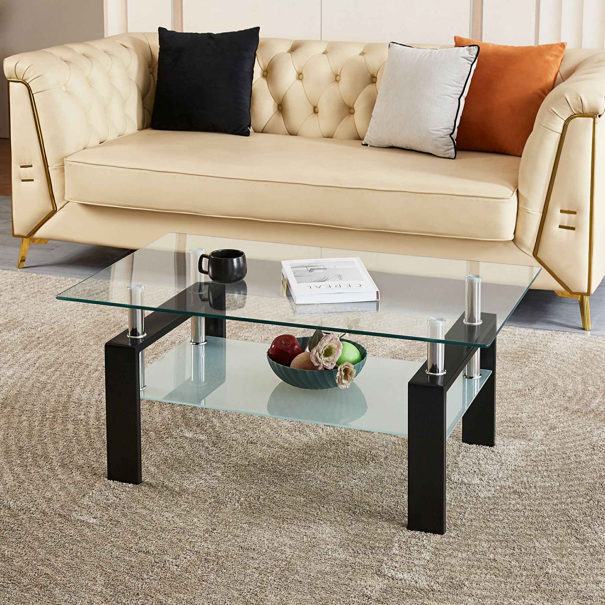 39" Clear and Black Glass and Steel Coffee Table With Shelf