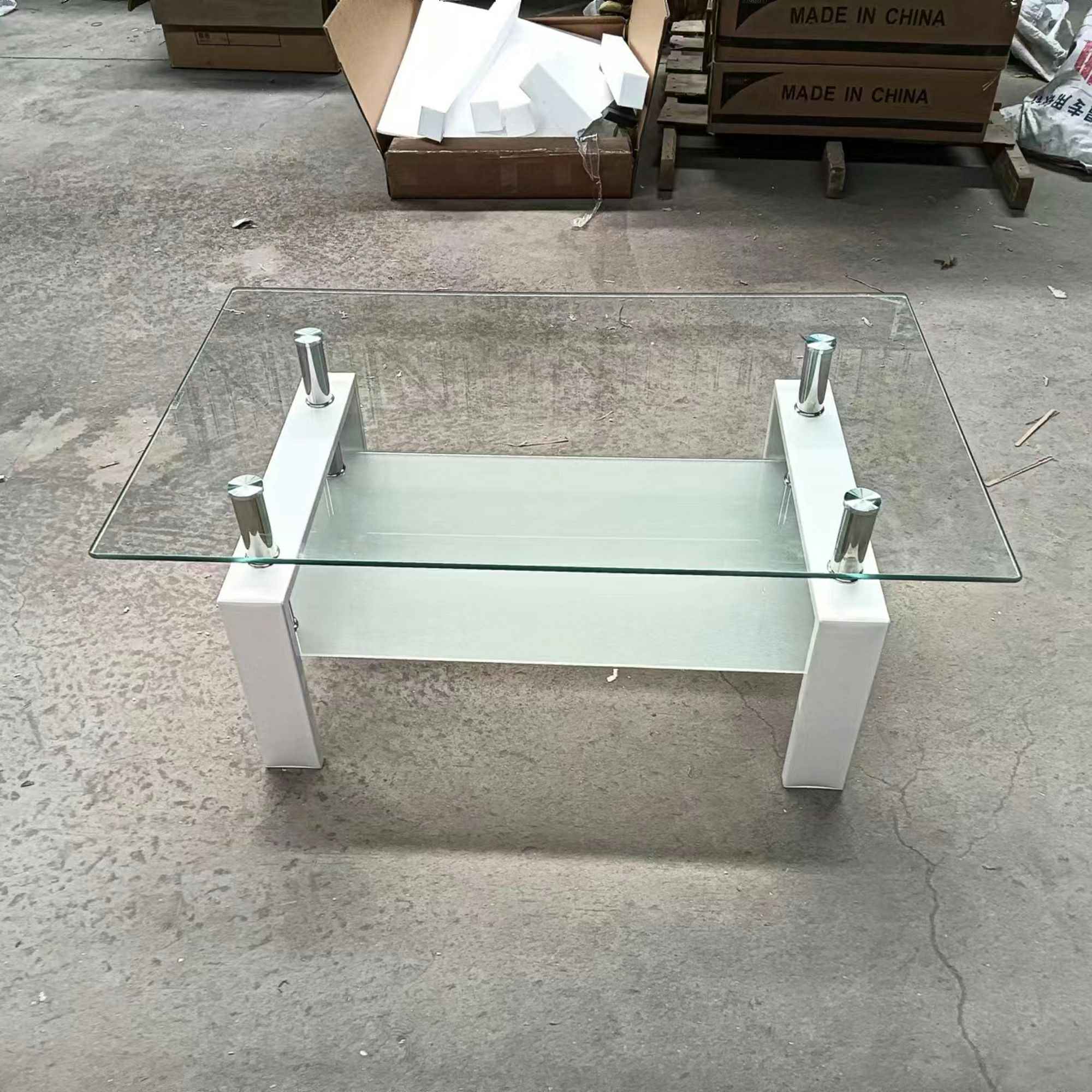 39" Clear and White Glass and Steel Coffee Table With Shelf