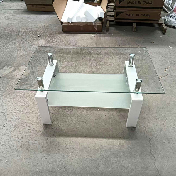39" Clear and White Glass and Steel Coffee Table With Shelf