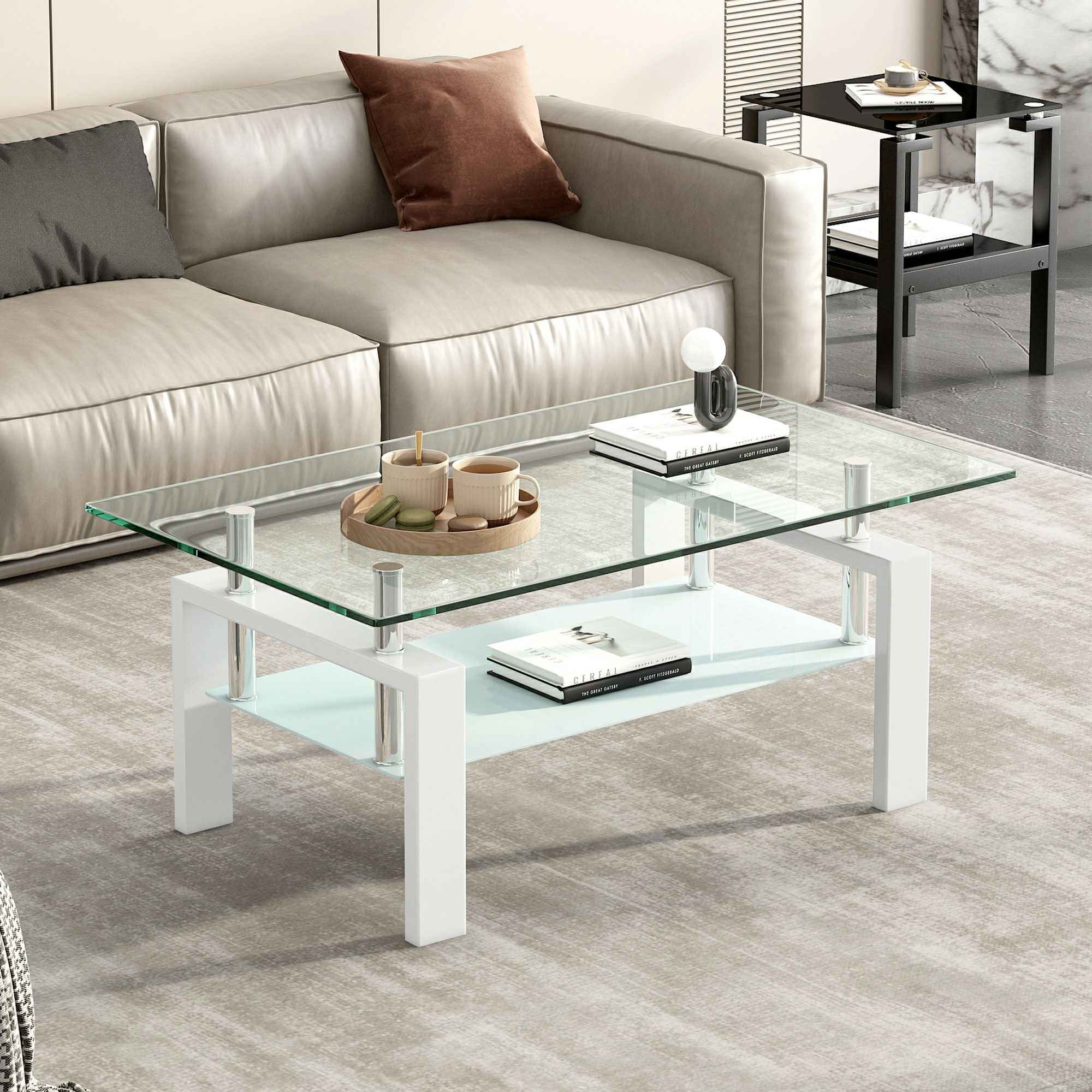 39" Clear and White Glass and Steel Coffee Table With Shelf
