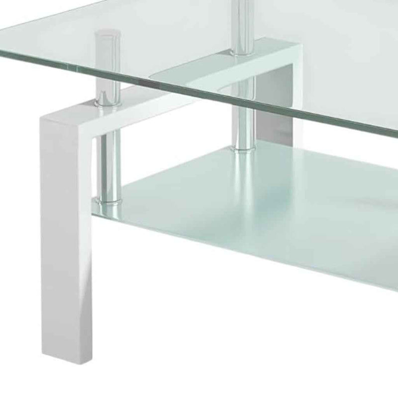 39" Clear and White Glass and Steel Coffee Table With Shelf