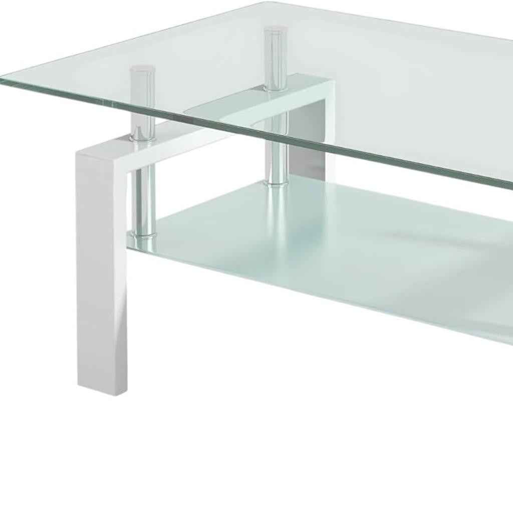 39" Clear and White Glass and Steel Coffee Table With Shelf