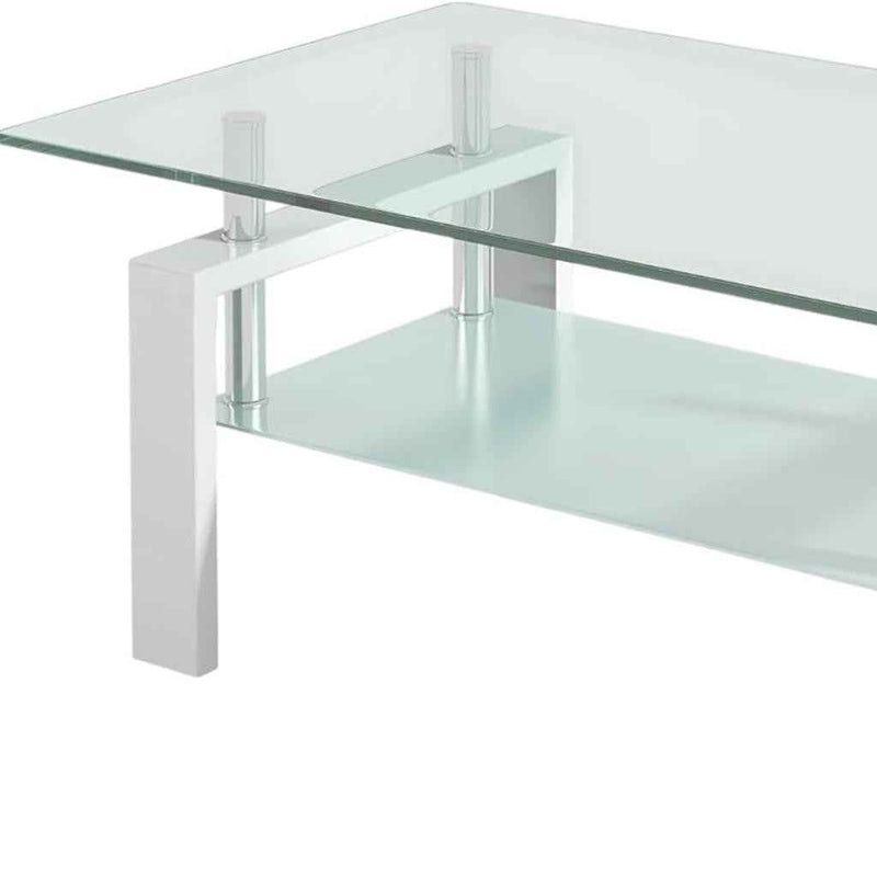 39" Clear and White Glass and Steel Coffee Table With Shelf