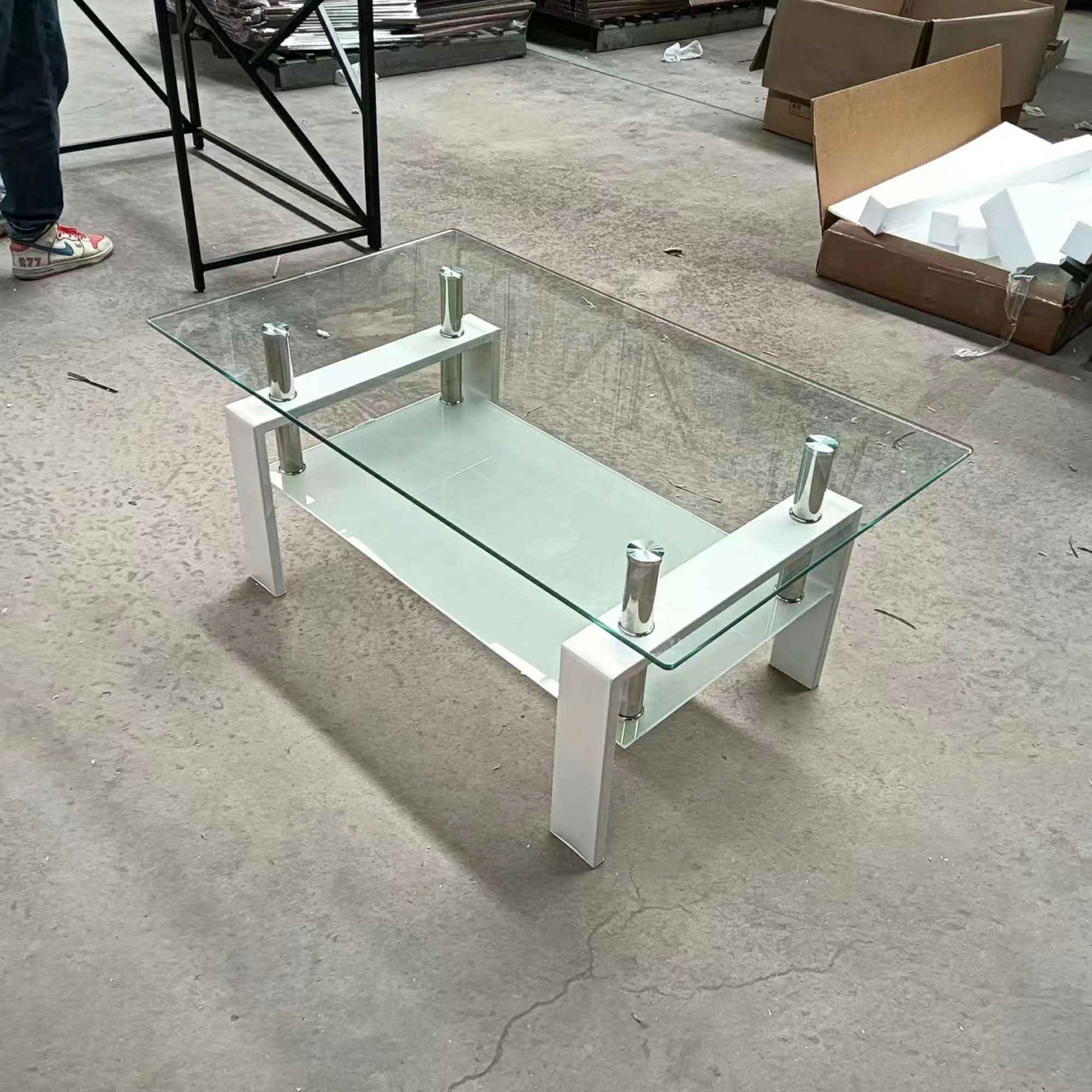 39" Clear and White Glass and Steel Coffee Table With Shelf