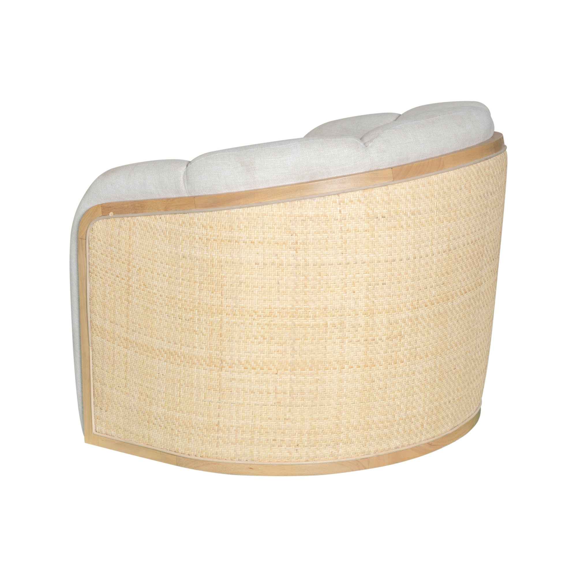 34" Off White and Natural Fabric Wood And Rattan Swivel Arm Chair