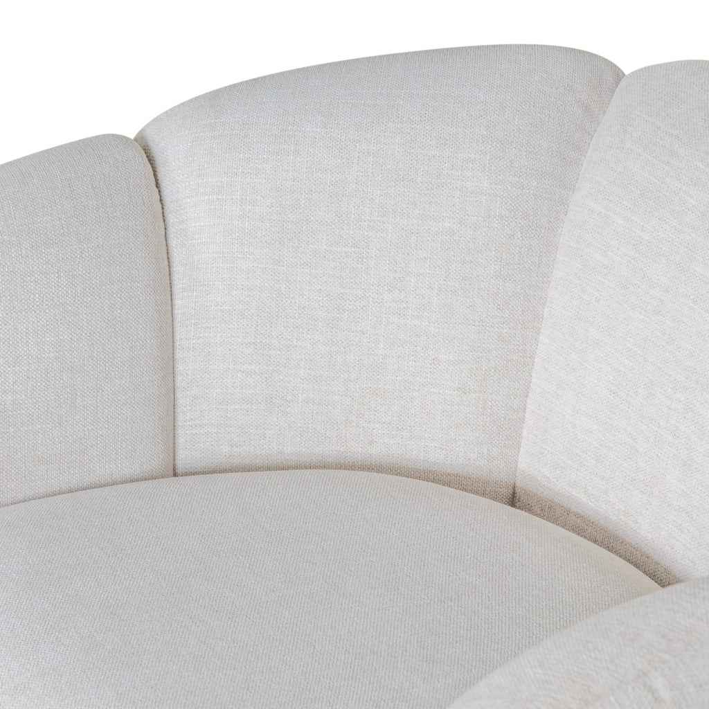 34" Off White and Natural Fabric Wood And Rattan Swivel Arm Chair