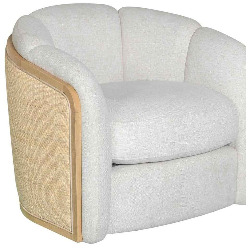 34" Off White and Natural Fabric Wood And Rattan Swivel Arm Chair
