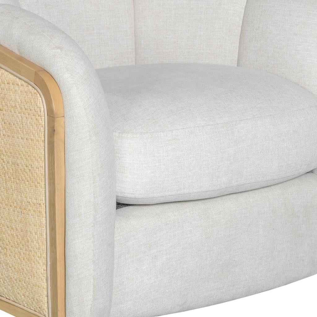34" Off White and Natural Fabric Wood And Rattan Swivel Arm Chair