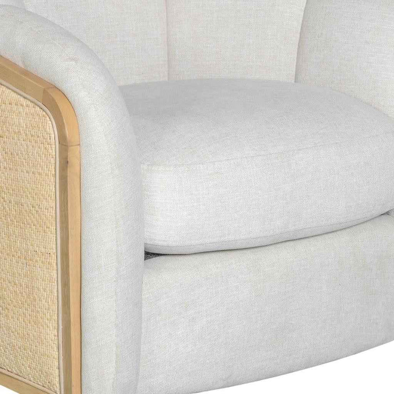 34" Off White and Natural Fabric Wood And Rattan Swivel Arm Chair