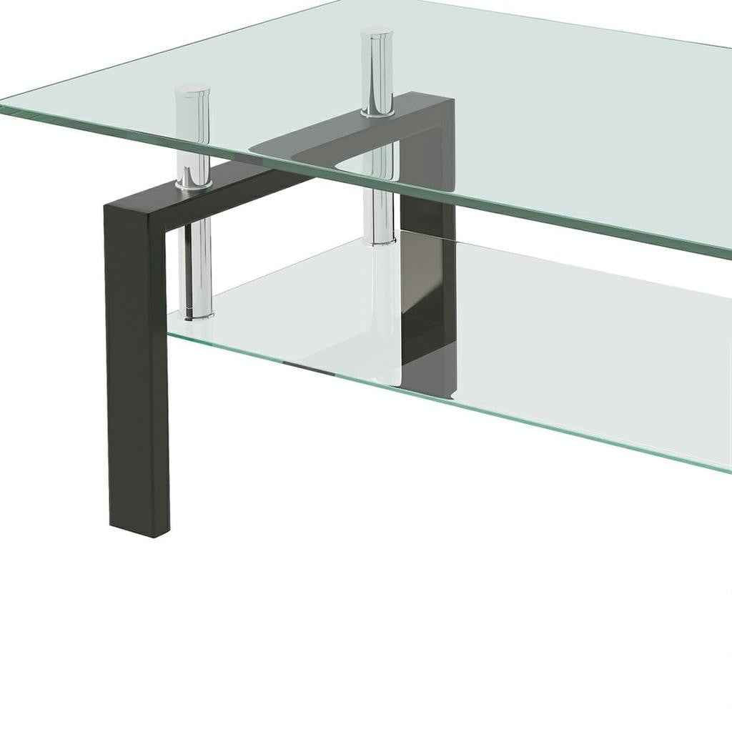 39" Clear and Black Glass and Steel Coffee Table With Shelf