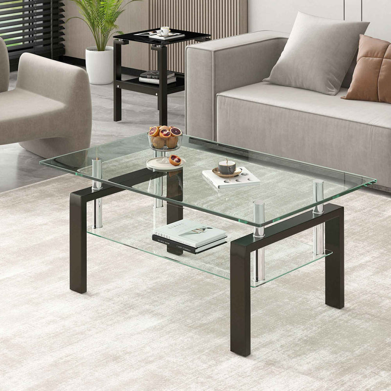 39" Clear and Black Glass and Steel Coffee Table With Shelf