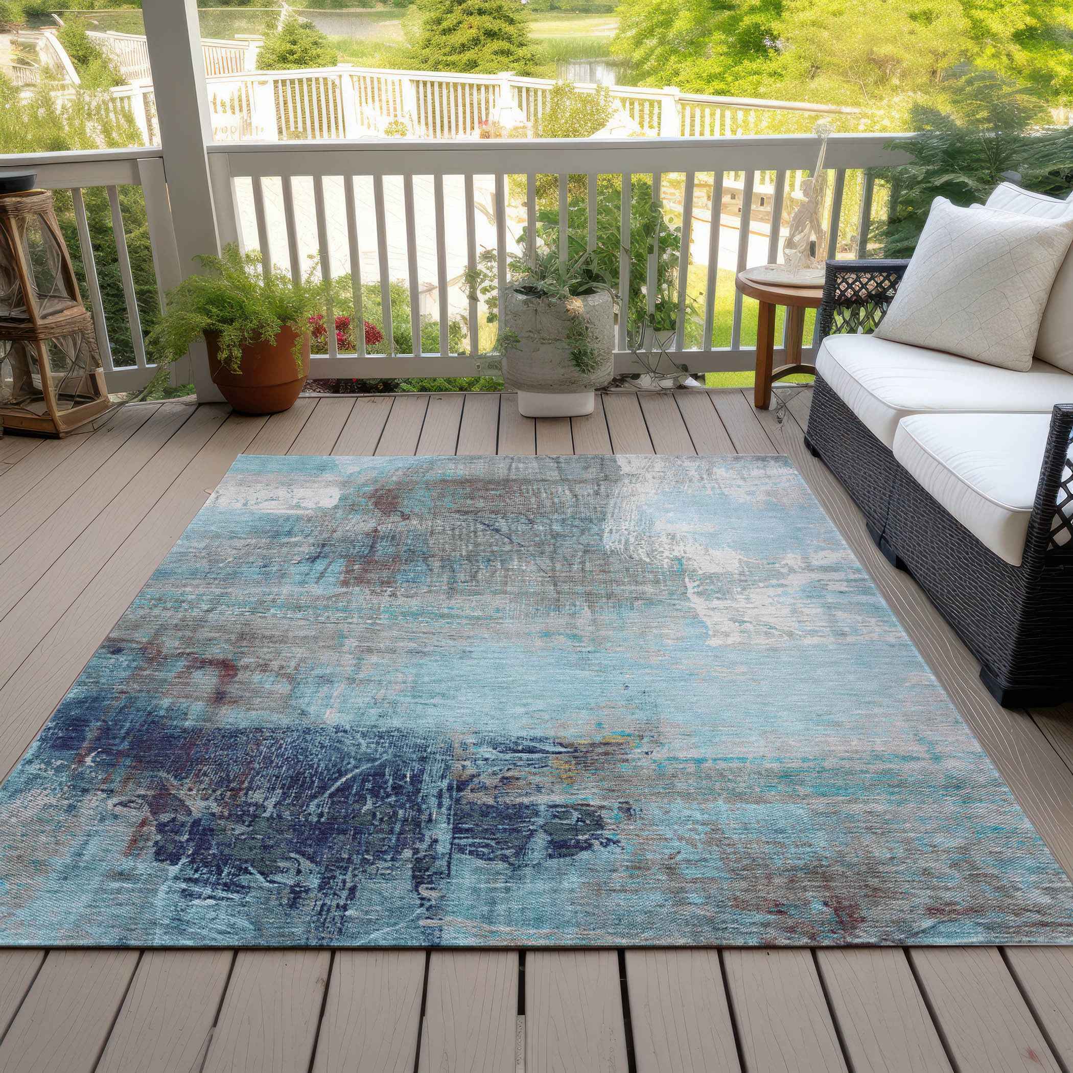5' X 8' Teal Blue And Gray Abstract Washable Indoor Outdoor Area Rug