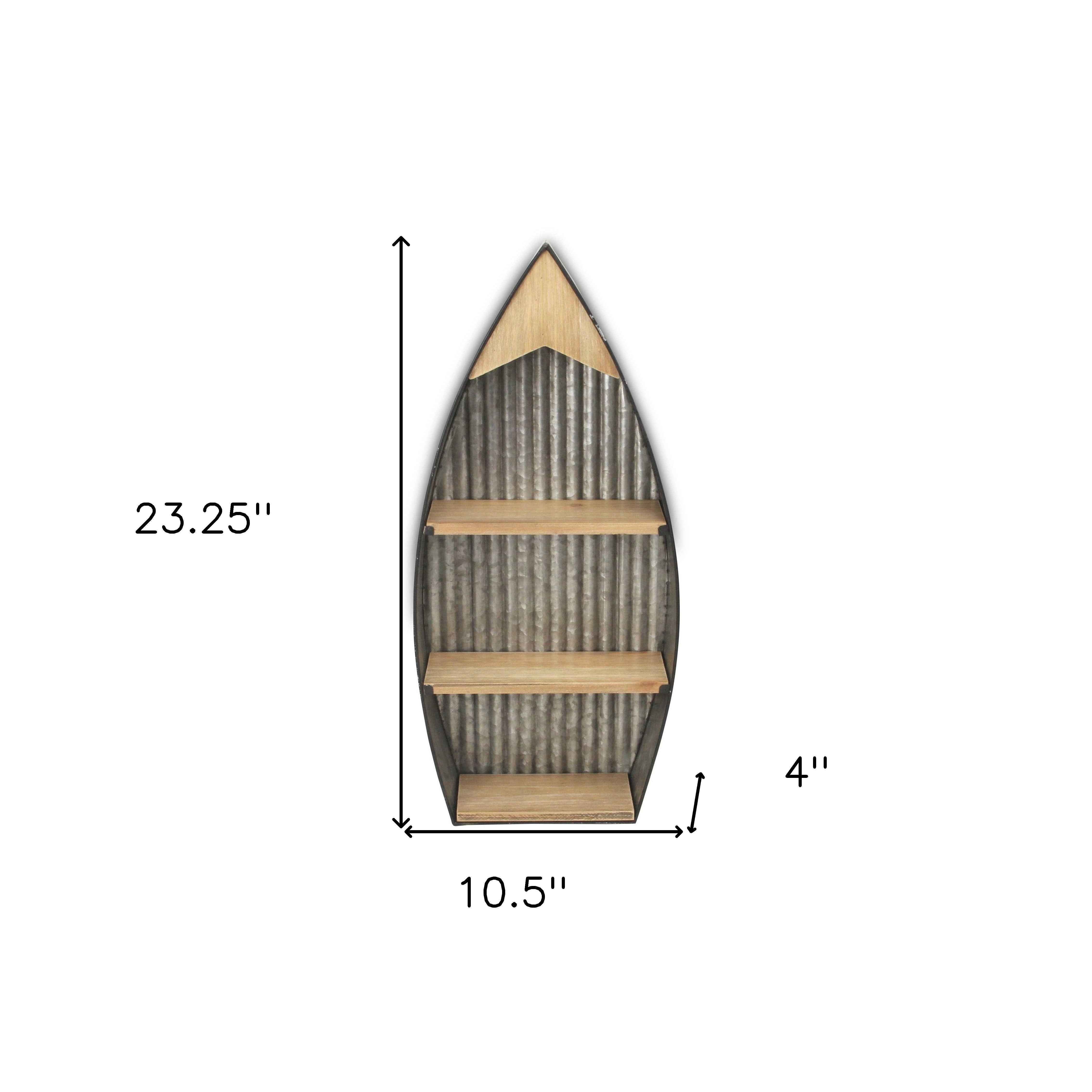 23" Brown And Gray Galvanized Metal And Wood Wall Mounted Boat Shelf