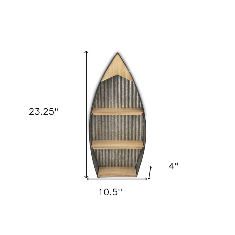 23" Brown And Gray Galvanized Metal And Wood Wall Mounted Boat Shelf