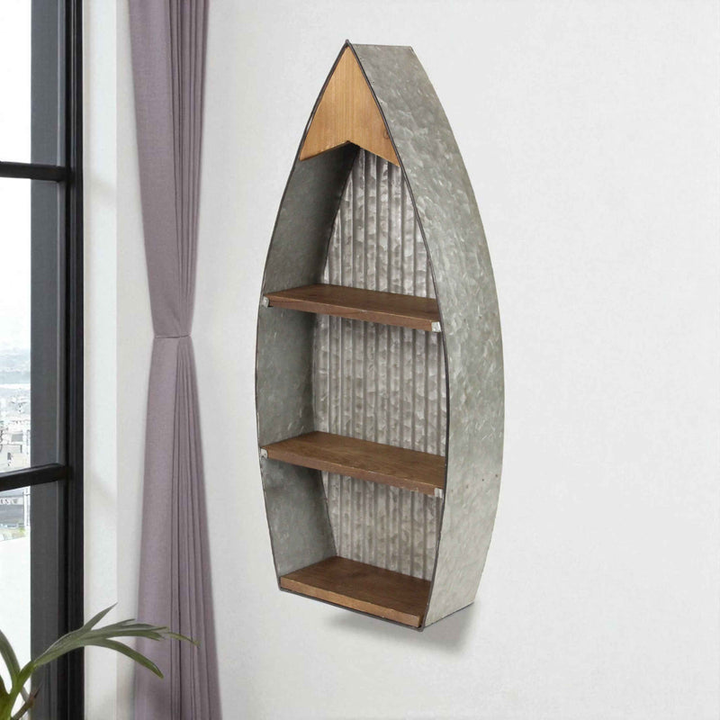 23" Brown And Gray Galvanized Metal And Wood Wall Mounted Boat Shelf