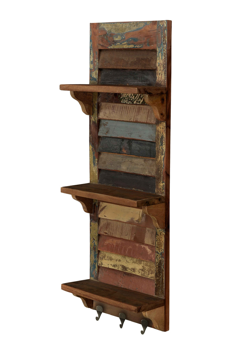 34" Brown And Multi Patina Reclaimed Wood Wall Mounted Shelf With Hooks