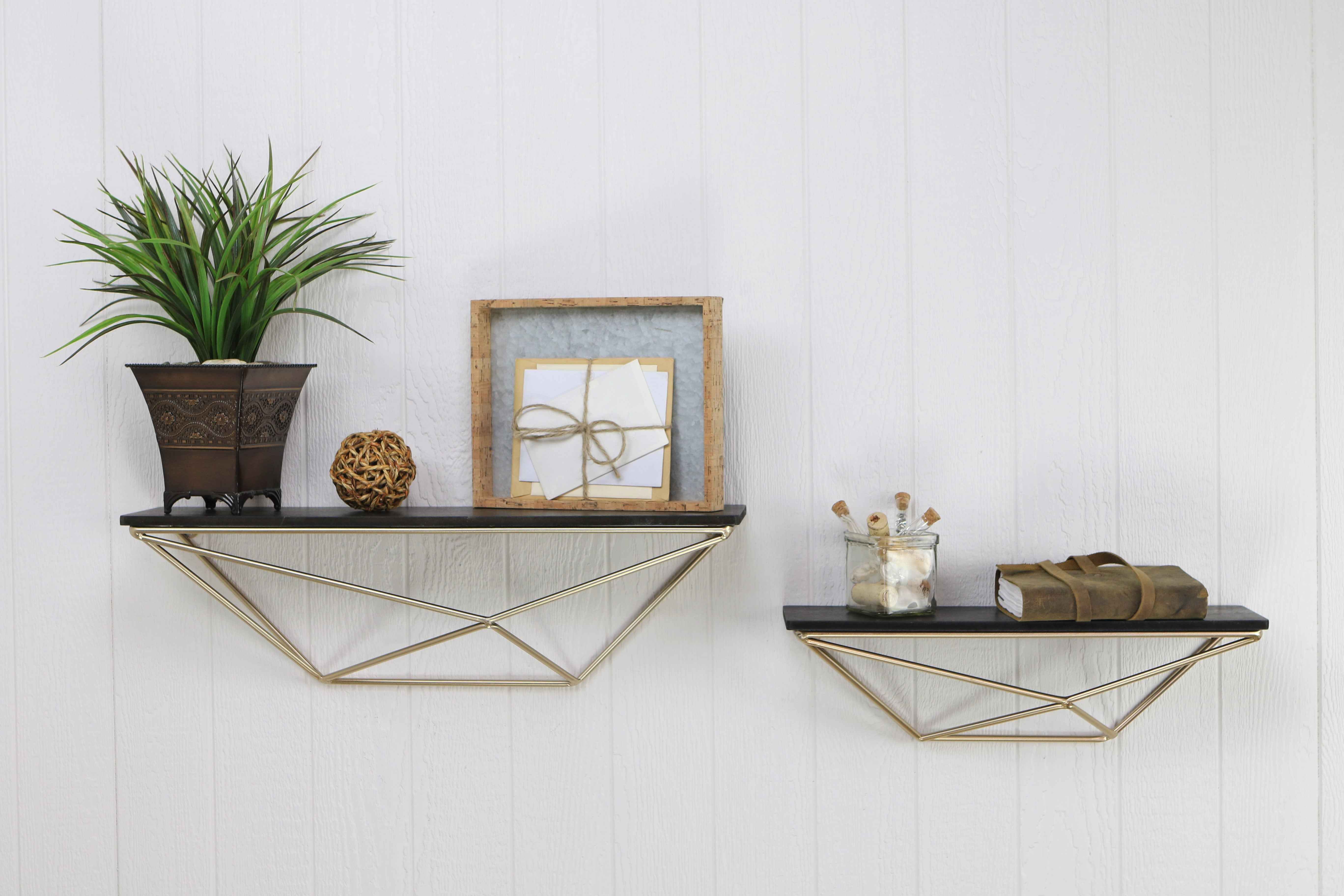 Set Of Two Black And Gold Wood And Metal Modern Wall Mounted Accent Shelves