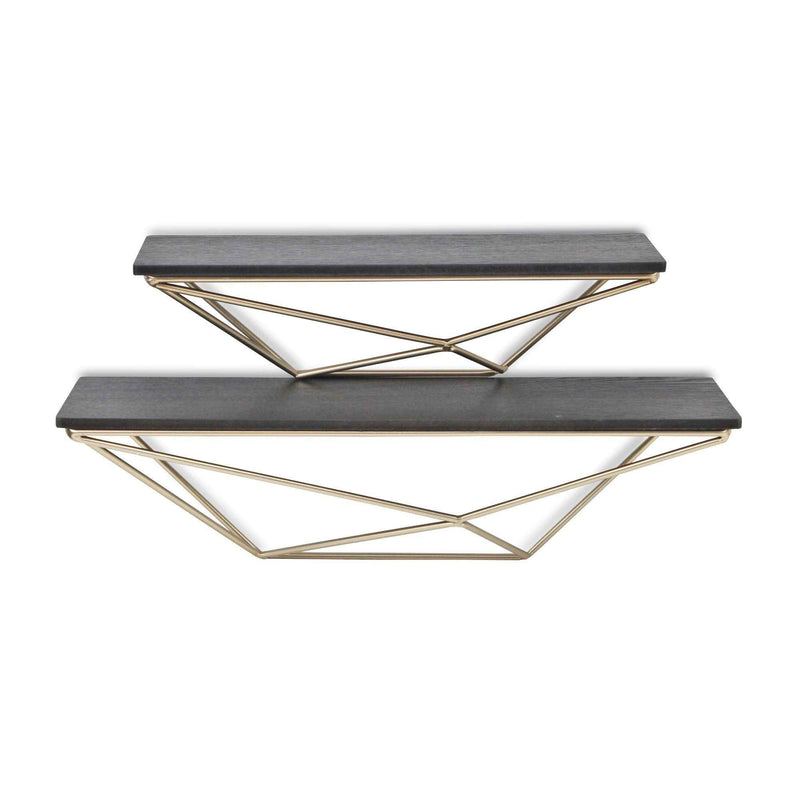 Set Of Two Black And Gold Wood And Metal Modern Wall Mounted Accent Shelves