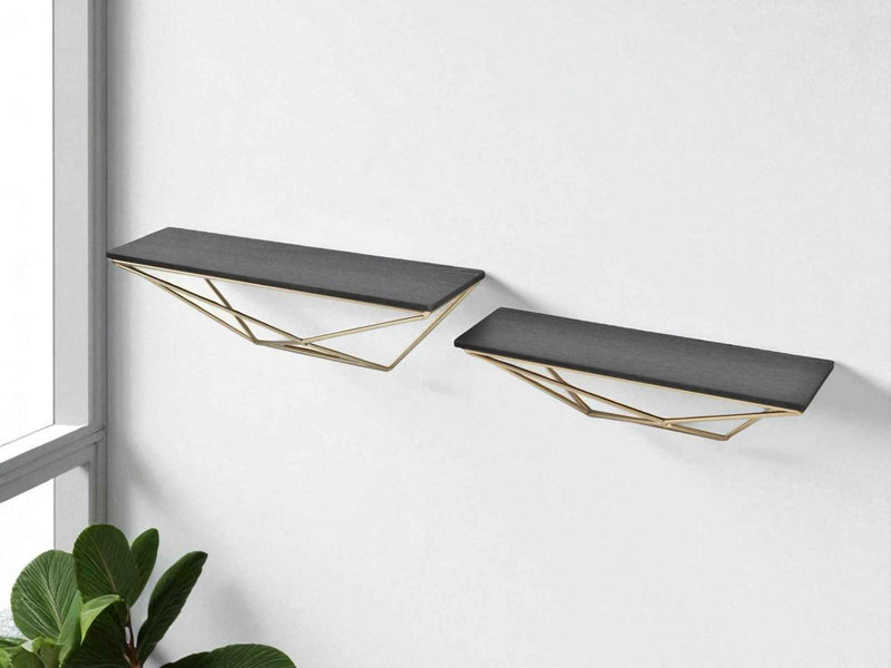 Set Of Two Black And Gold Wood And Metal Modern Wall Mounted Accent Shelves