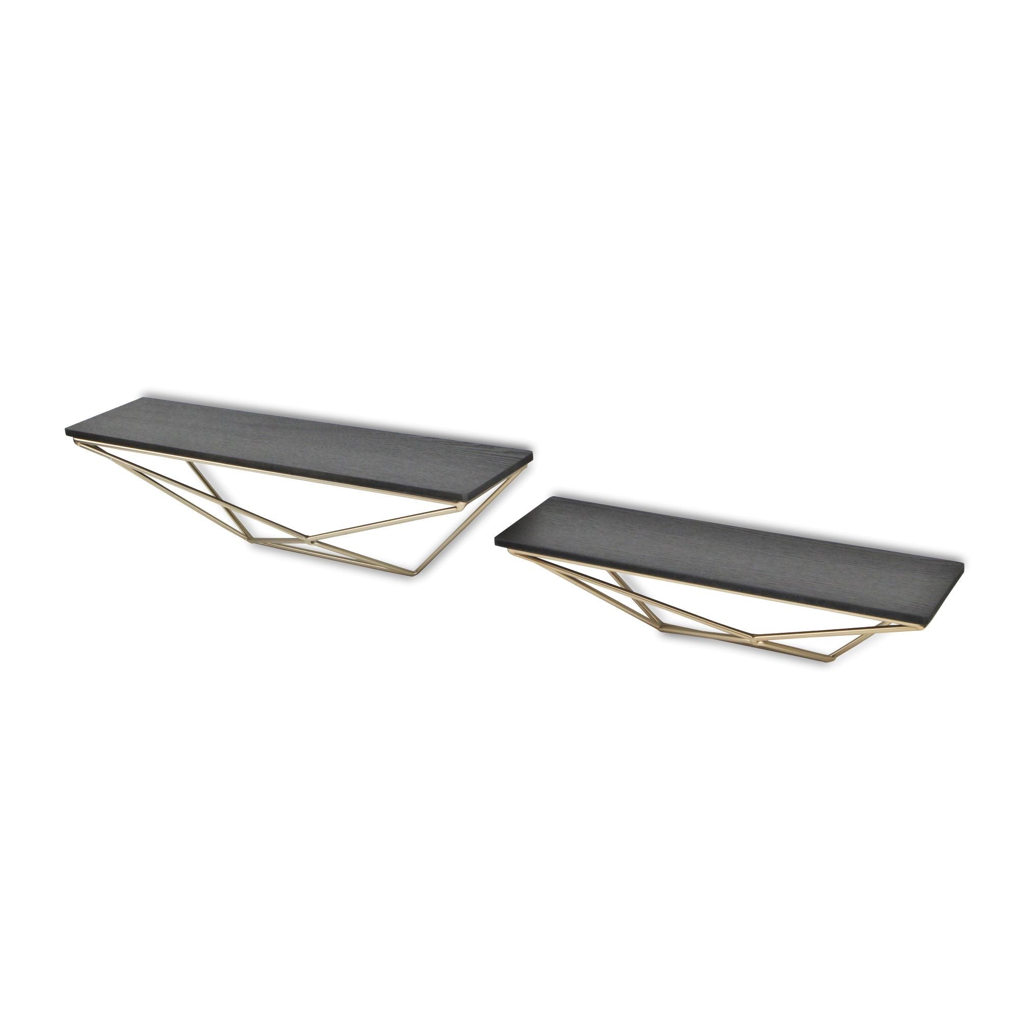 Set Of Two Black And Gold Wood And Metal Modern Wall Mounted Accent Shelves