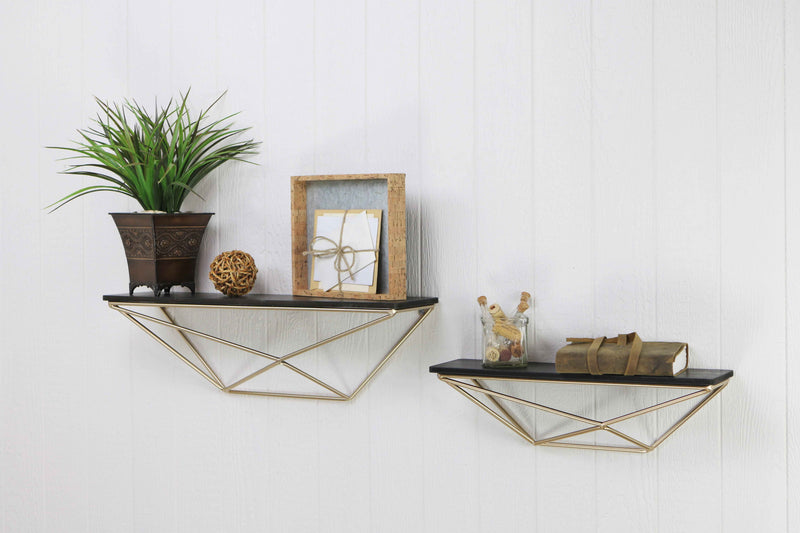 Set Of Two Black And Gold Wood And Metal Modern Wall Mounted Accent Shelves