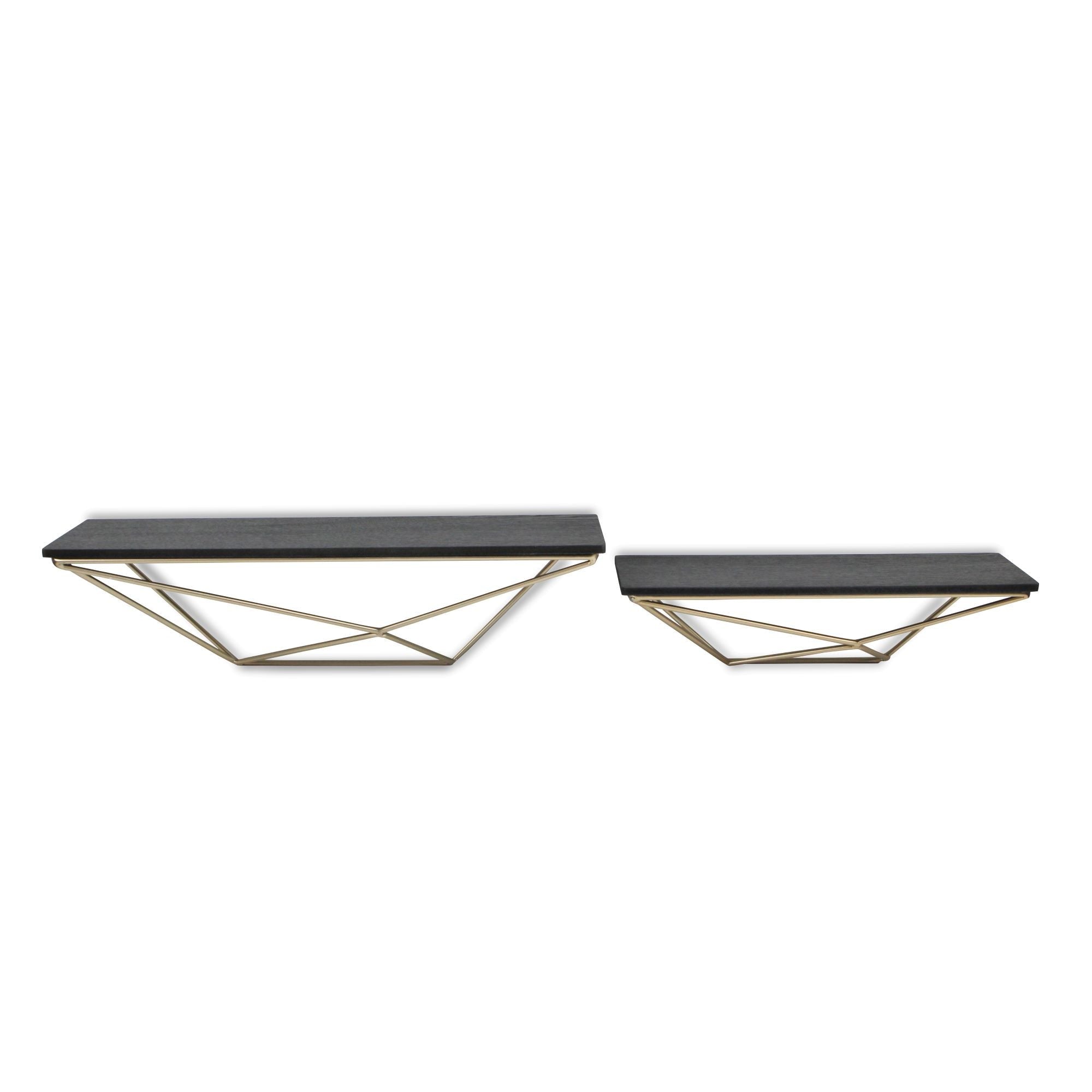 Set Of Two Black And Gold Wood And Metal Modern Wall Mounted Accent Shelves