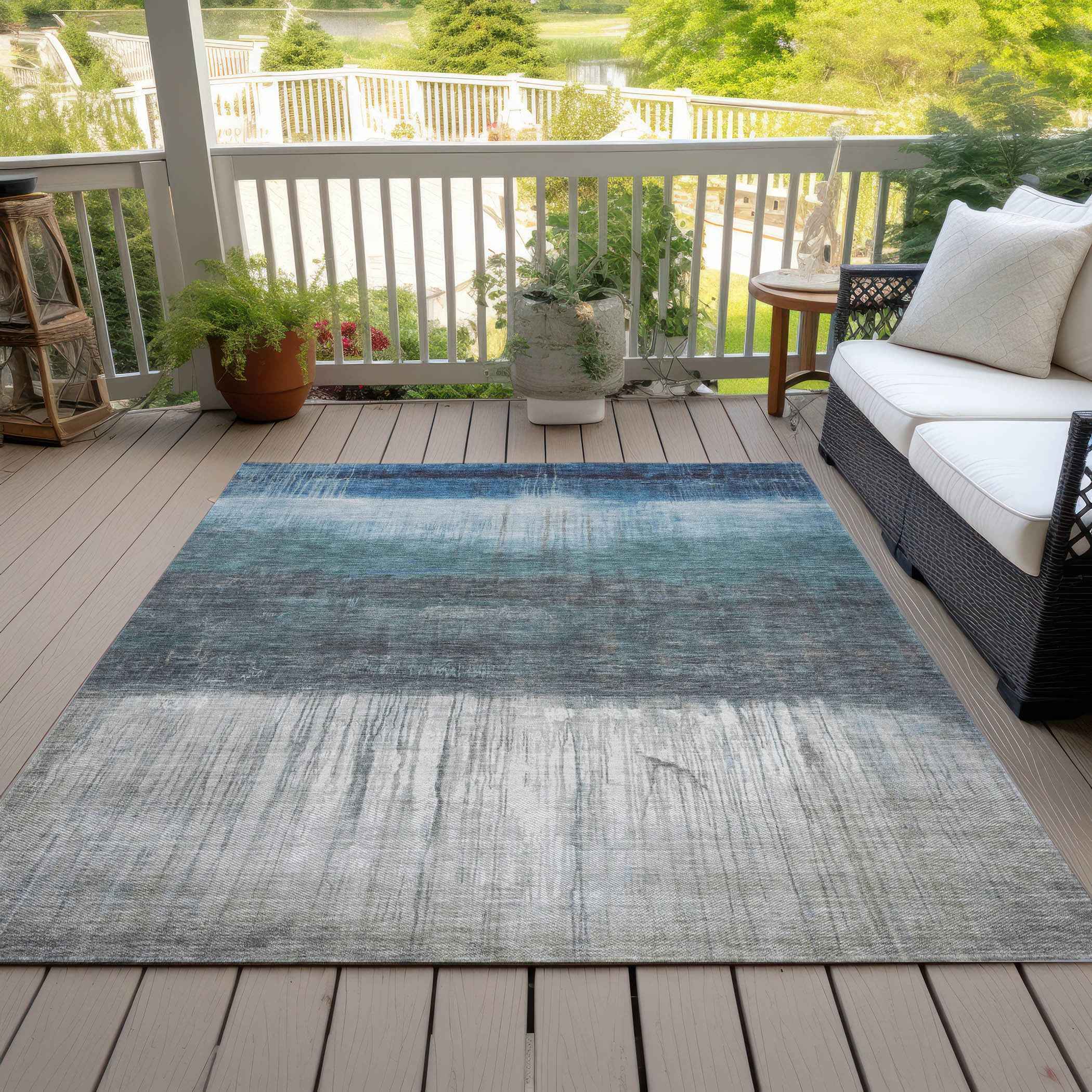 5' X 8' Blue And Gray Abstract Washable Indoor Outdoor Area Rug