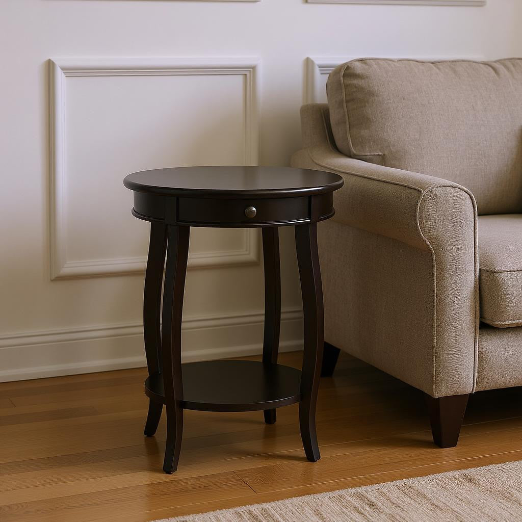 24" Black Wood Round End Table With Drawer And Shelf - Living Room