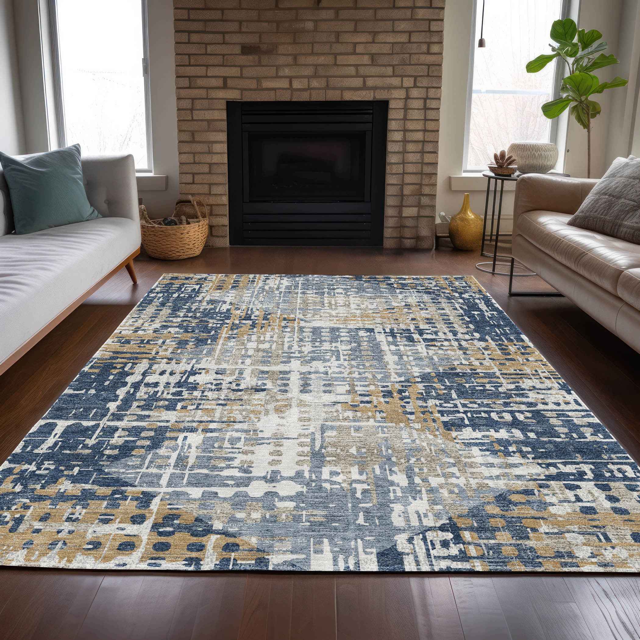 8' X 10' Navy Blue And Beige Geometric Washable Indoor Outdoor Area Rug